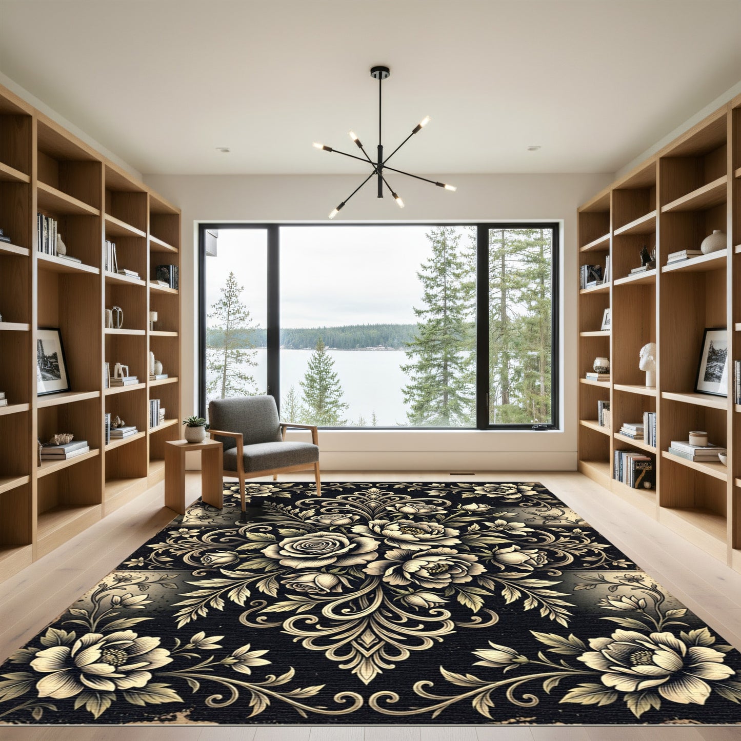 Elegant Gold Floral Damask Charcoal Rug