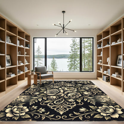 Elegant Gold Floral Damask Charcoal Rug