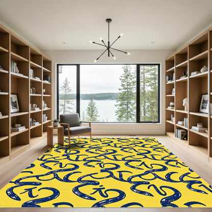 Navy Blue Curlicue Yellow Calligraphy Rug