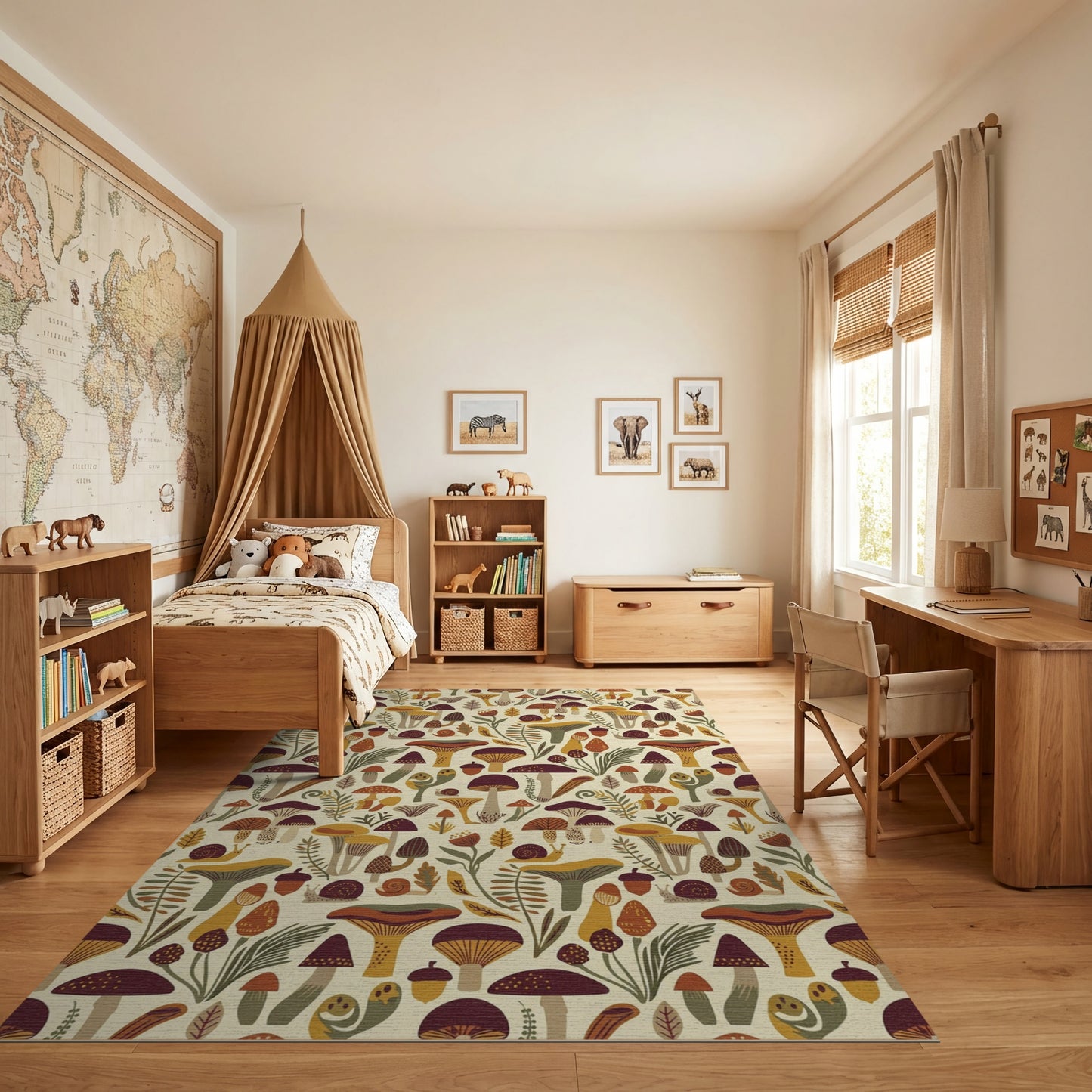 Whimsical Mushroom Fern Acorn Snail Rug