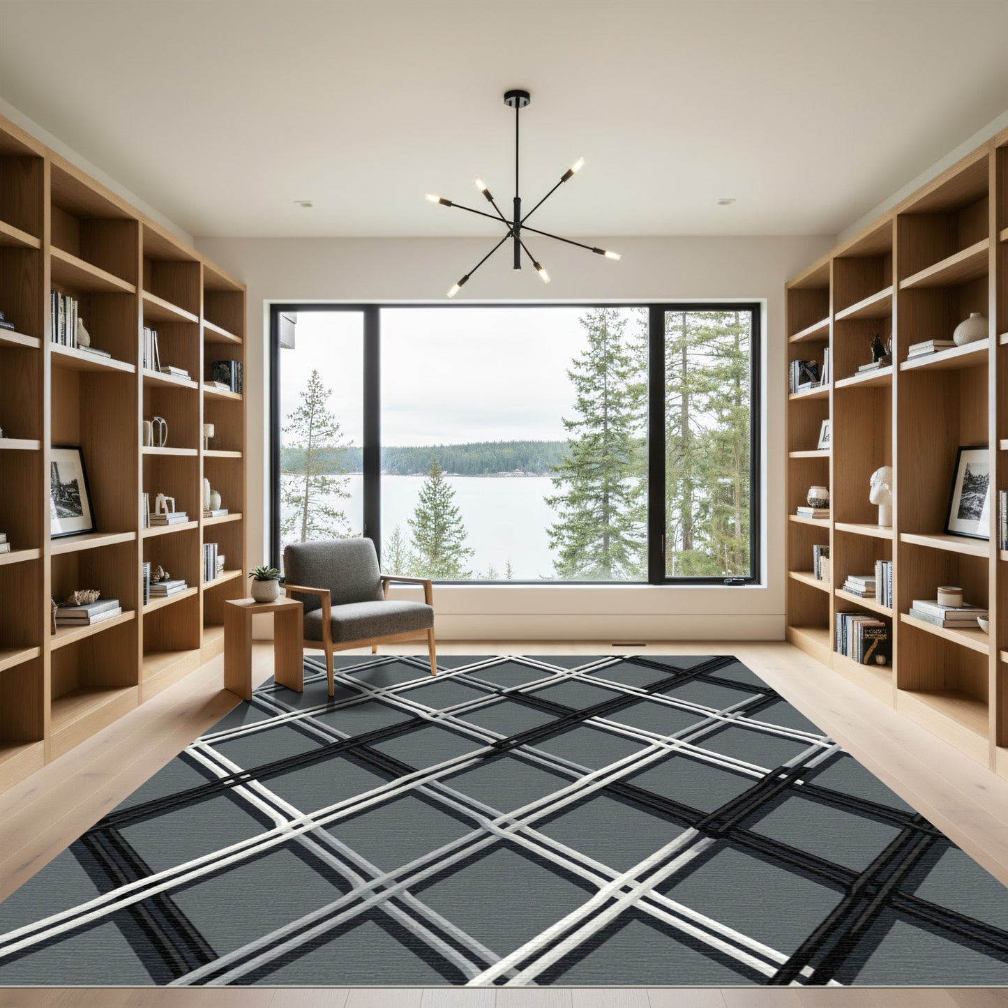 Monochrome Intersecting Geometric Diamond Grid Rug