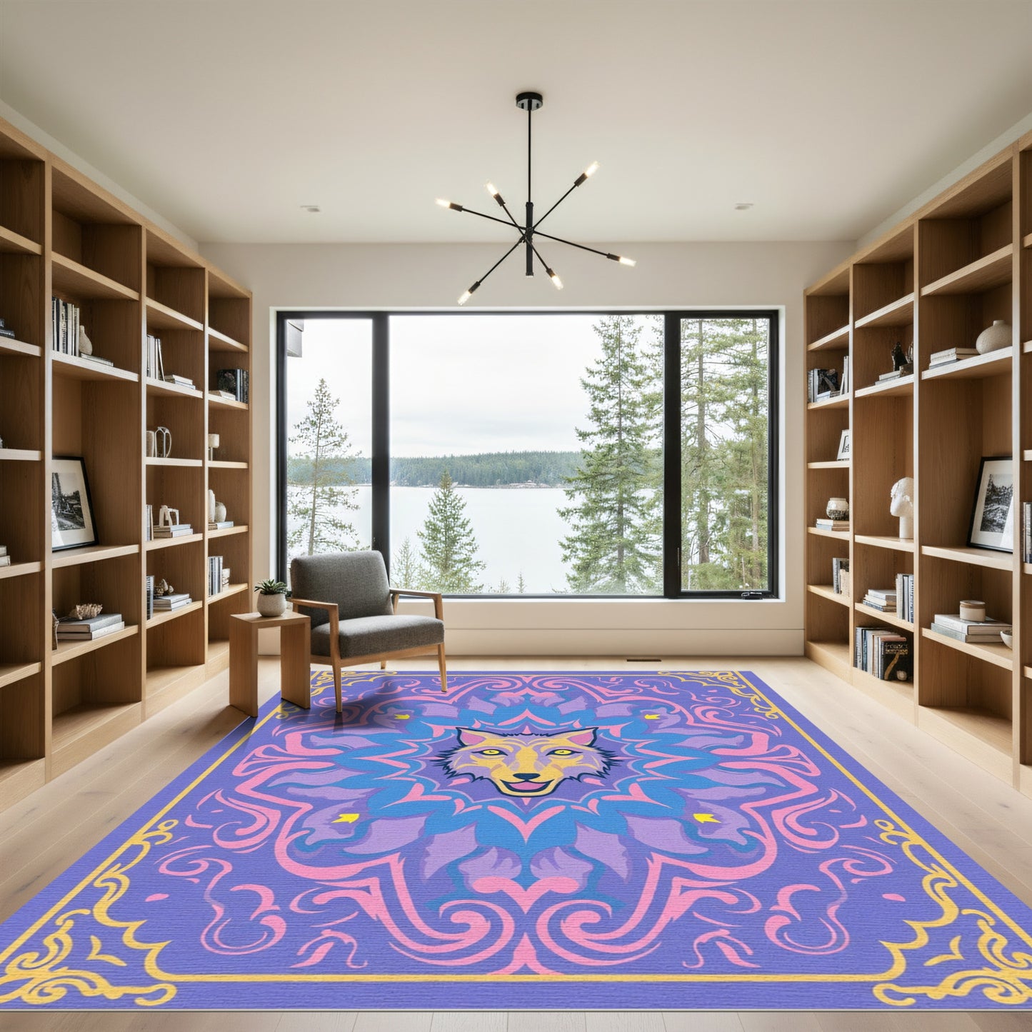 Purple Yellow Wolf Mandala Rug