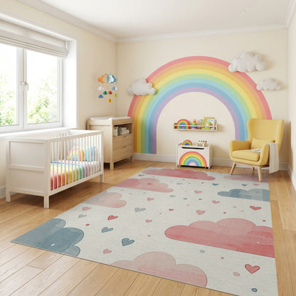 Pink and Blue Whimsical Clouds Hearts Rug