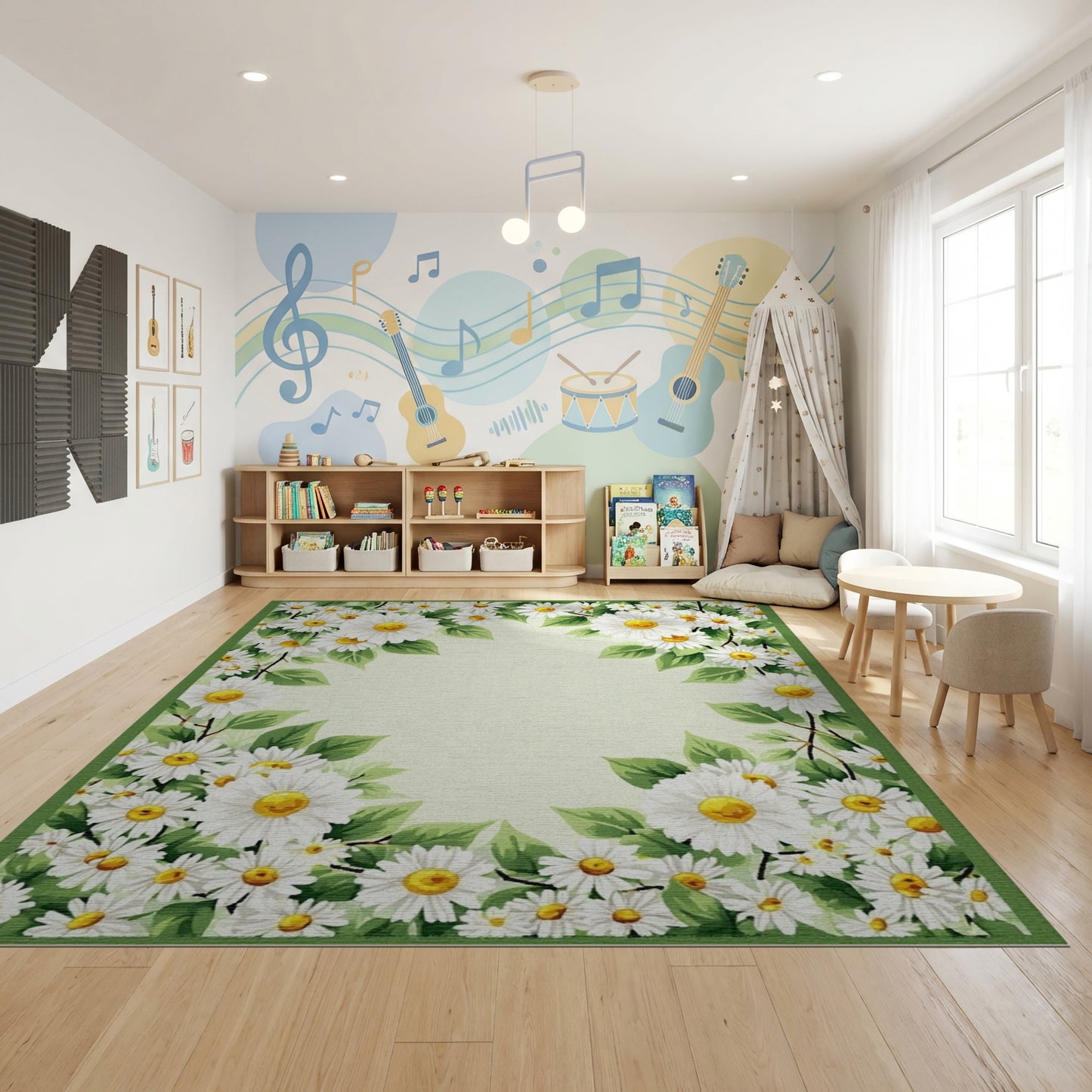 Fresh White Daisies Green Leaf Border Rug