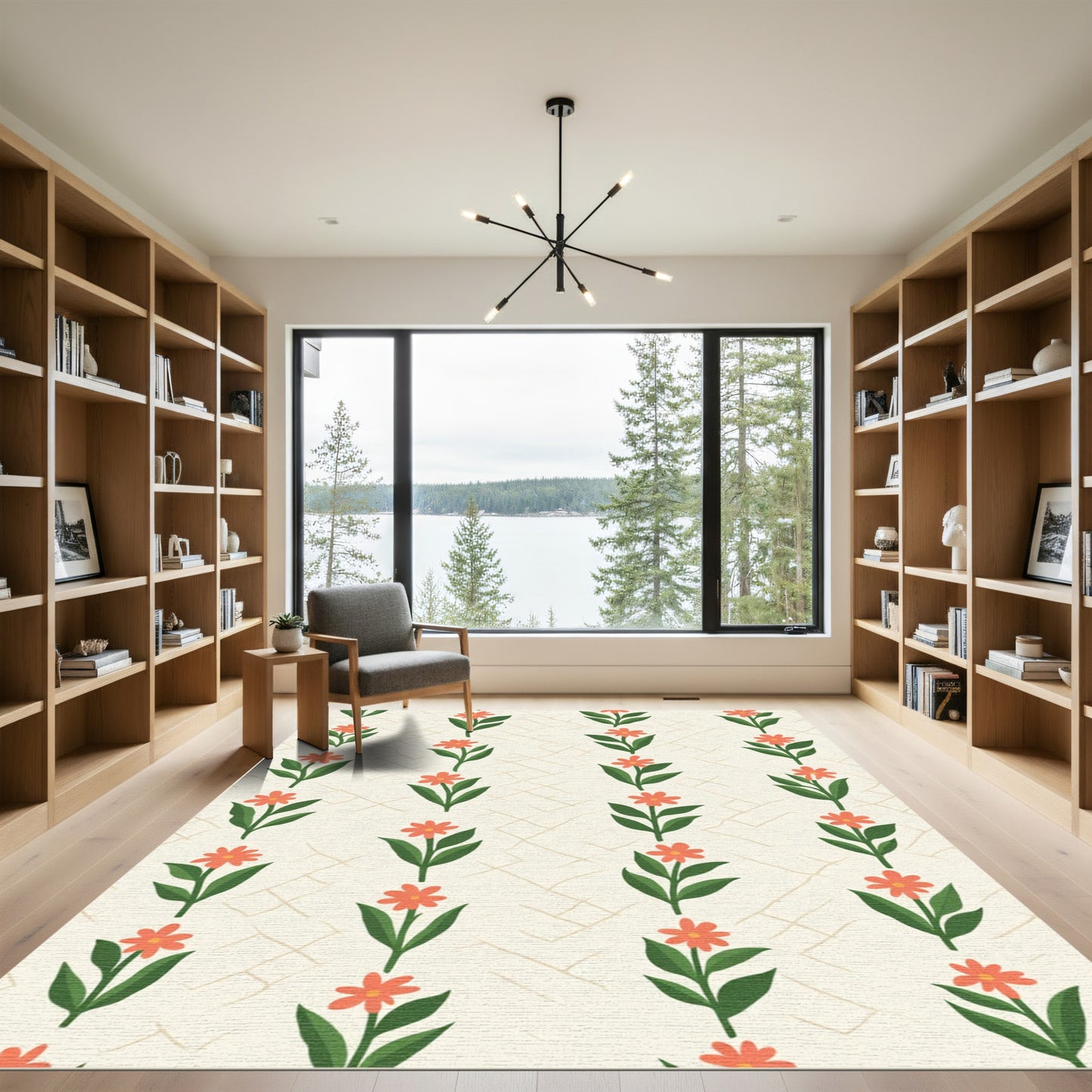 Coral Flower Sprig Cream Grid Rug