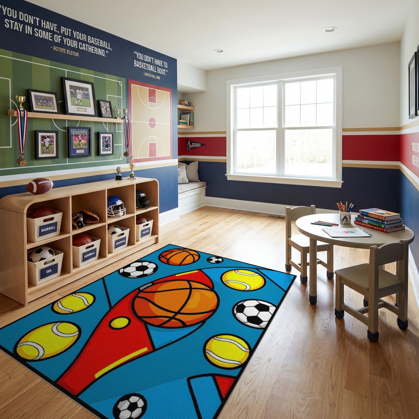 Vibrant Geometric Sports Balls Rug