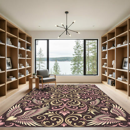 Romantic Winged Hearts Floral Scroll Rug