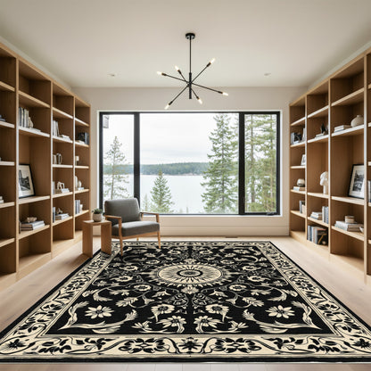 Black Floral Sun Medallion Border Rug