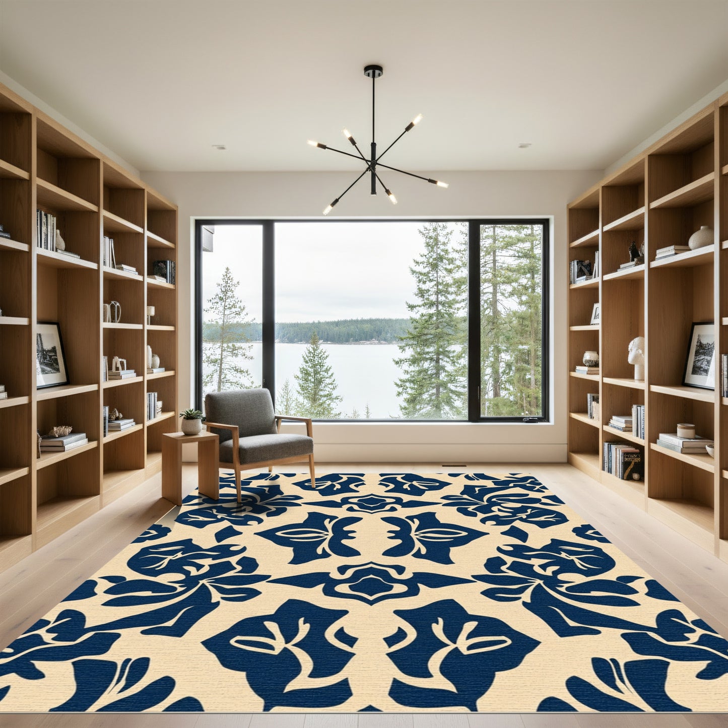Navy Floral Damask Silhouette Rug