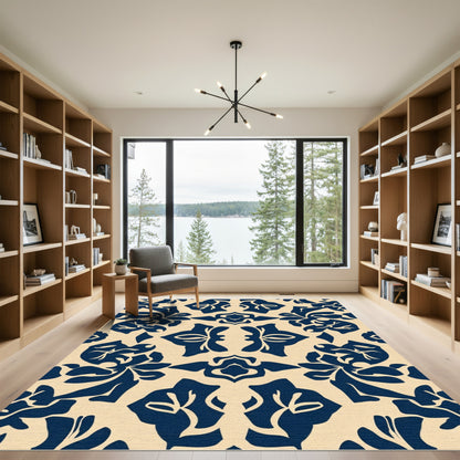 Navy Floral Damask Silhouette Rug