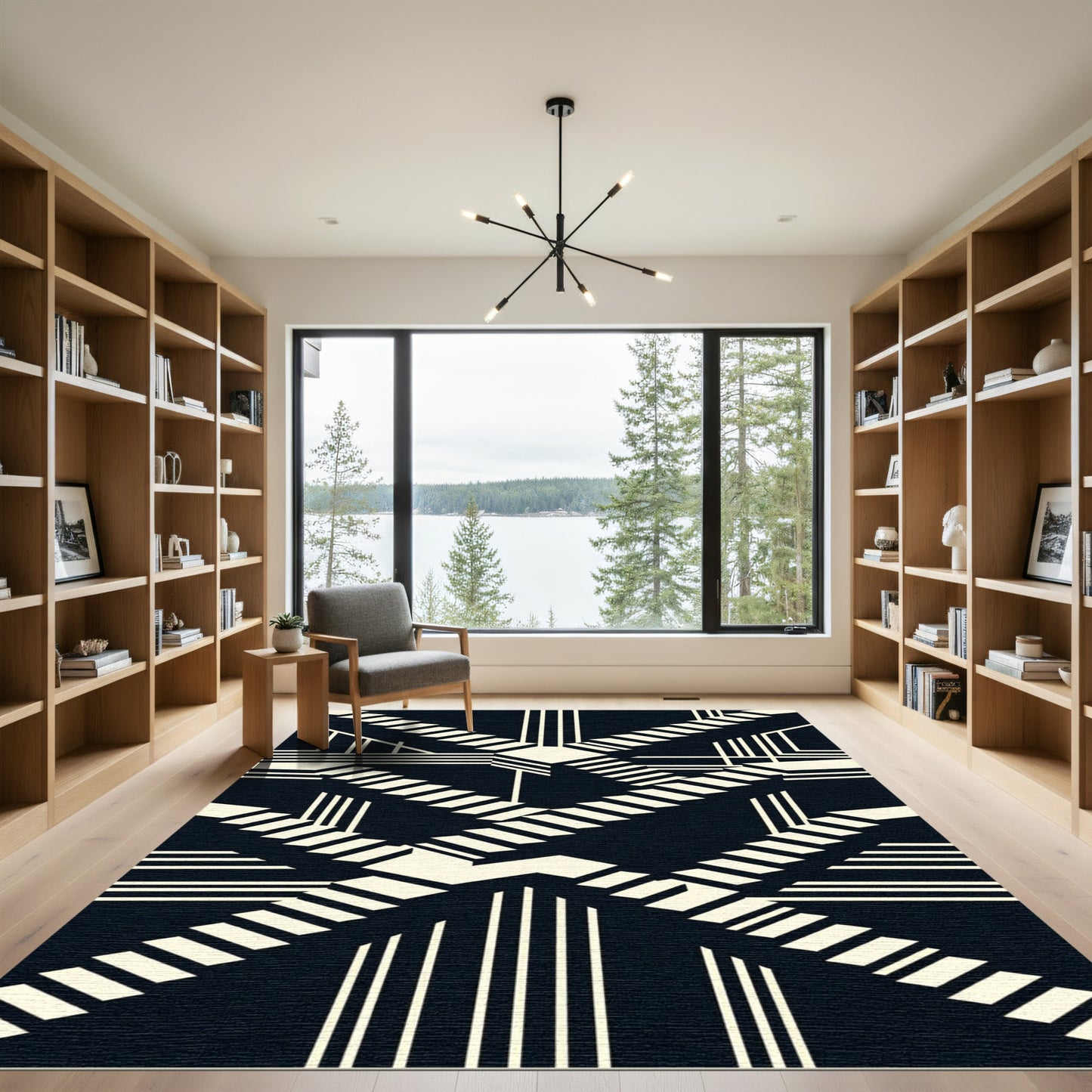 Monochrome Geometric Staircase Illusion Rug
