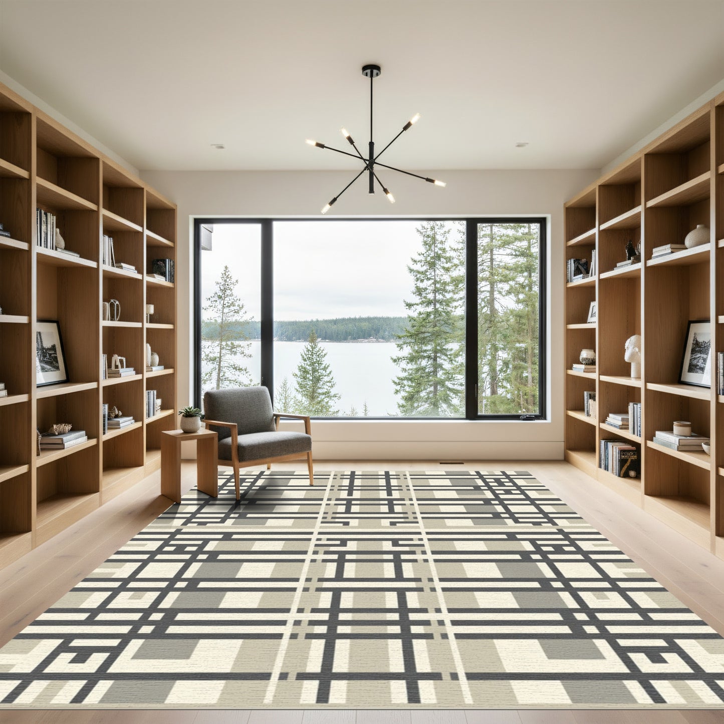 Neutral Plaid Geometric Grid Rug
