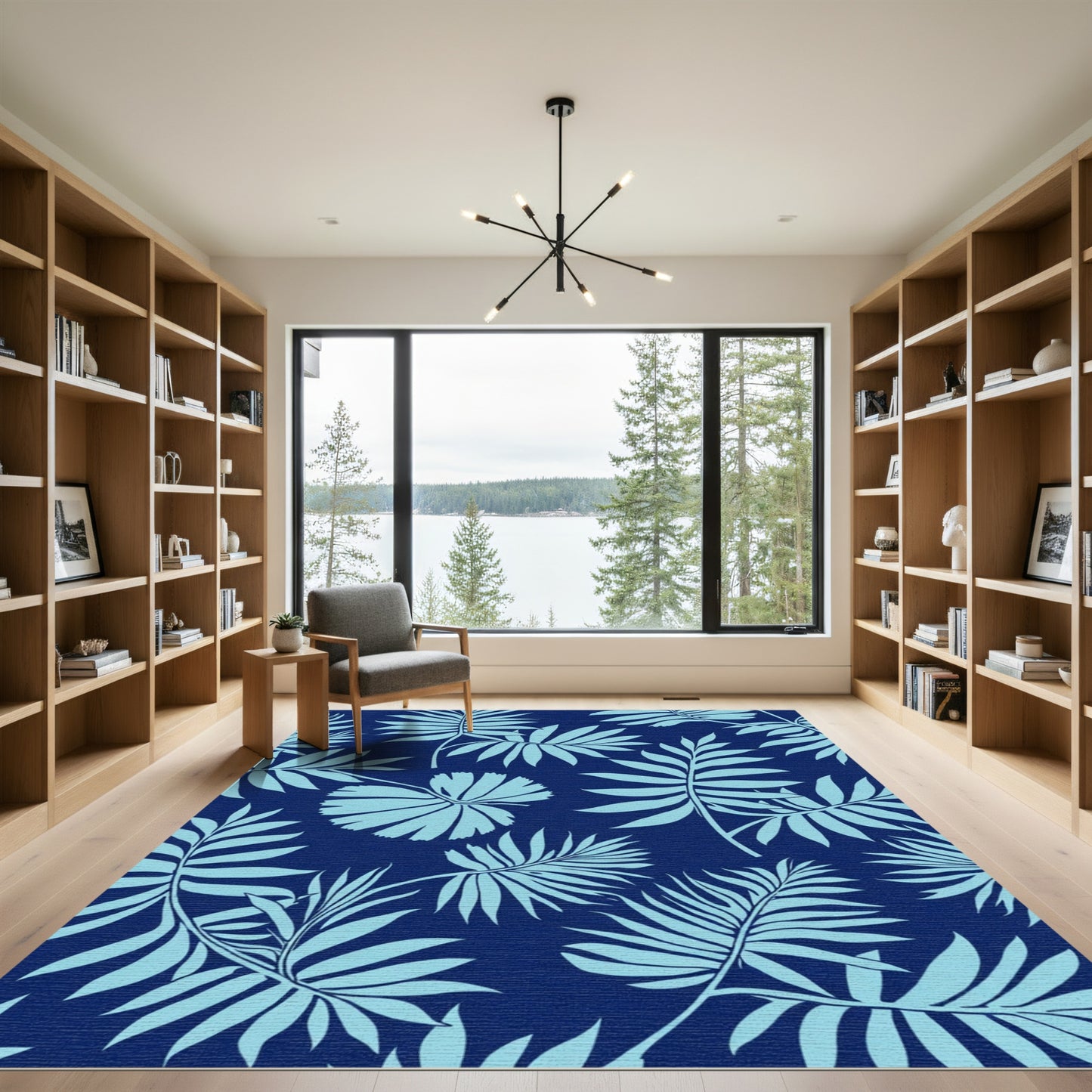 Tropical Blue Leaf Silhouette Rug