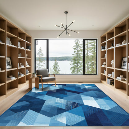 Deep Indigo Geometric Cubes Abstract Rug