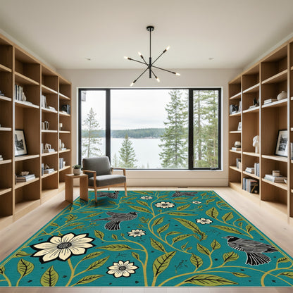 Teal Garden Birds And Flowers Rug