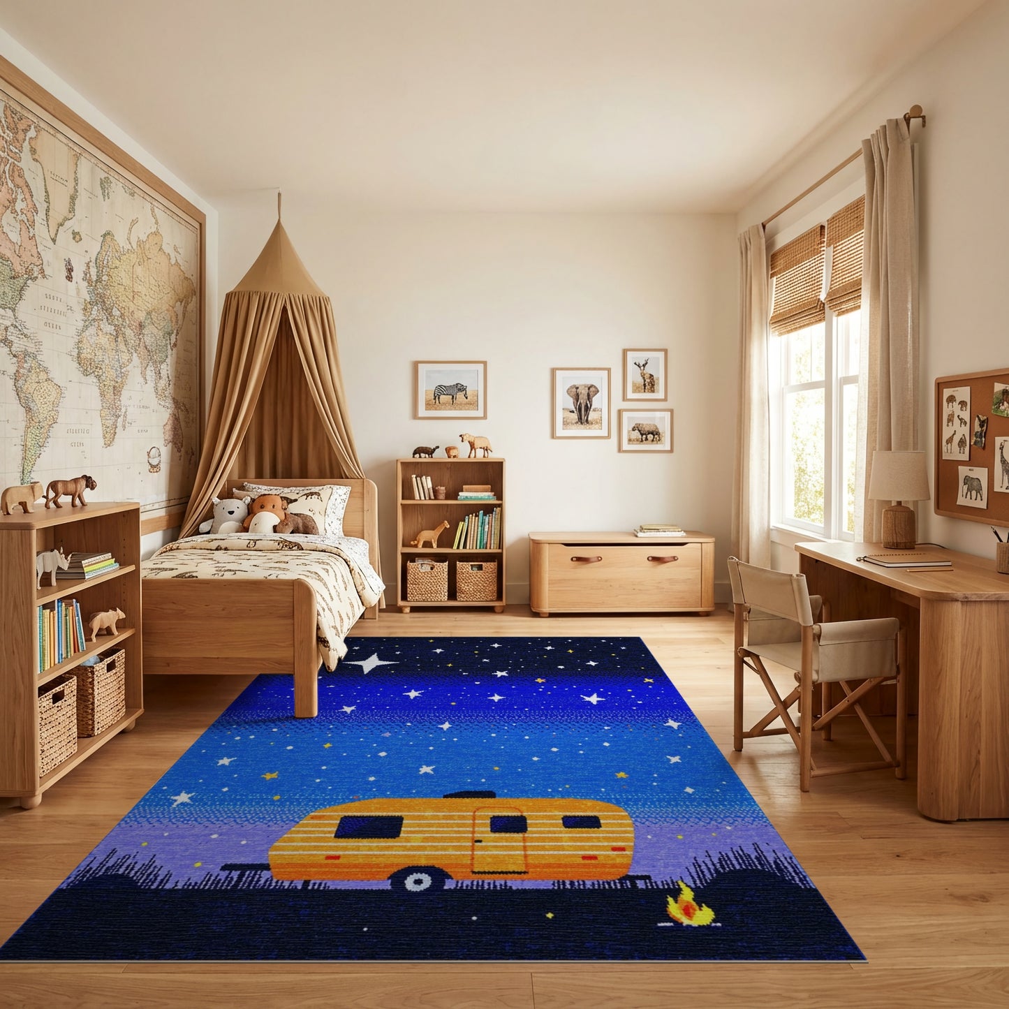 Orange Camper Starry Night Campfire Rug