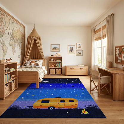 Orange Camper Starry Night Campfire Rug