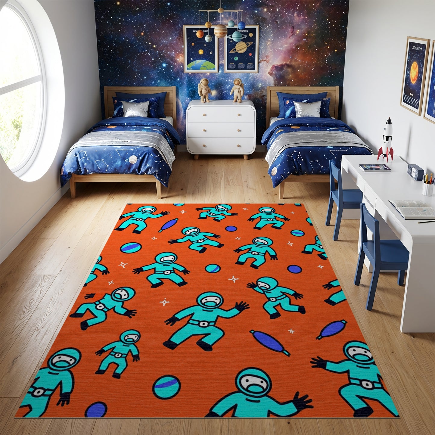 Playful Cyan Astronauts Orange Stars Rug