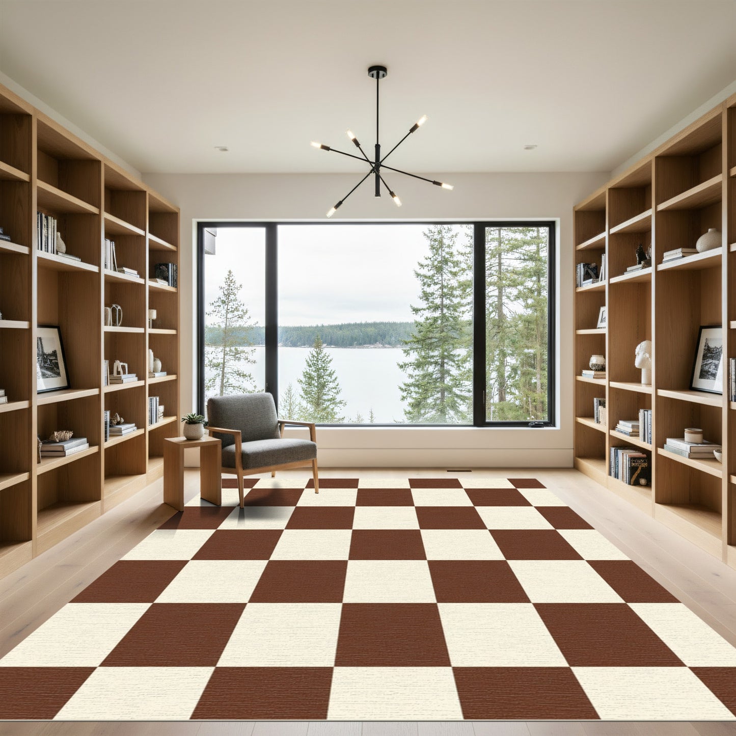 Brown Cream Checkerboard Grid Rug