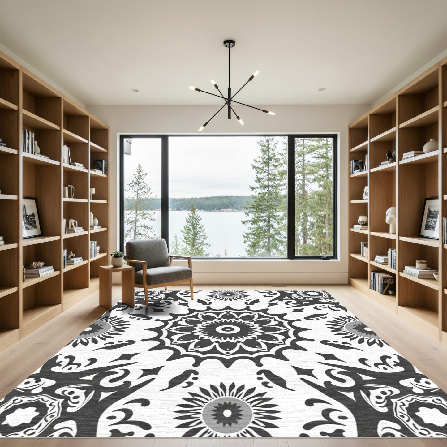 Monochromatic Floral Mandala Art Rug