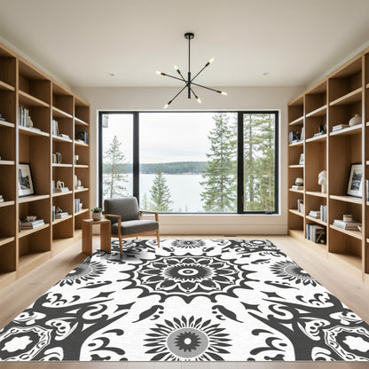 Monochromatic Floral Mandala Art Rug