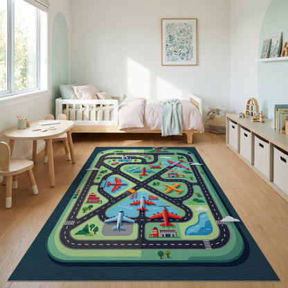 Playful Green Airplanes Roads City Rug