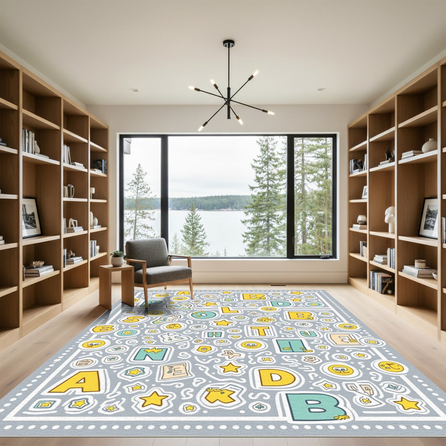 Alphabet and Star Icons Gray Rug