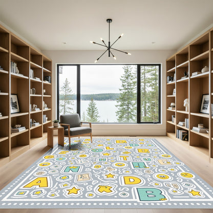 Alphabet and Star Icons Gray Rug