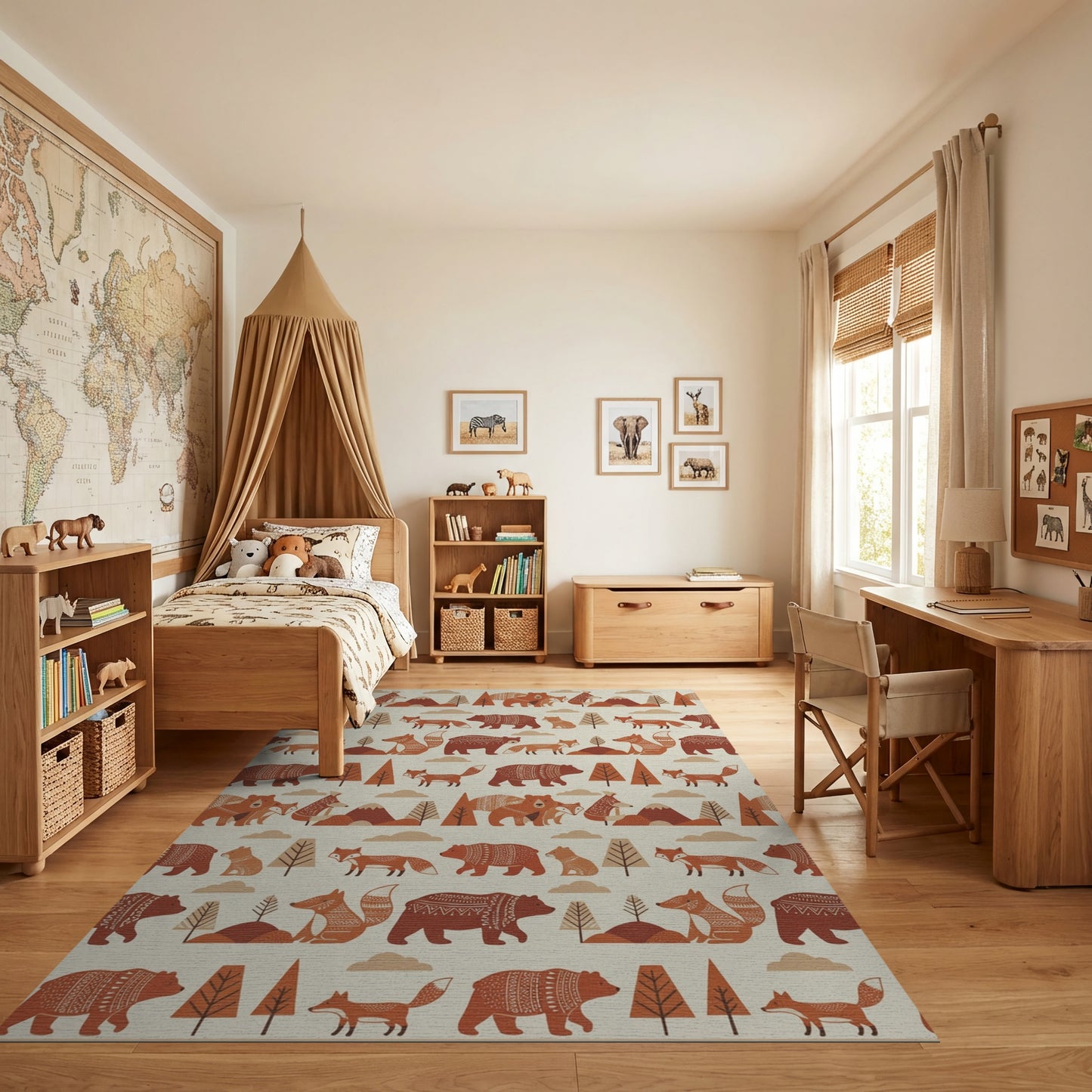 Whimsical Rust Fox Bear Forest Rug