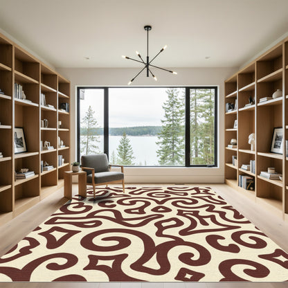 Cream Brown Swirl Abstract Organic Rug