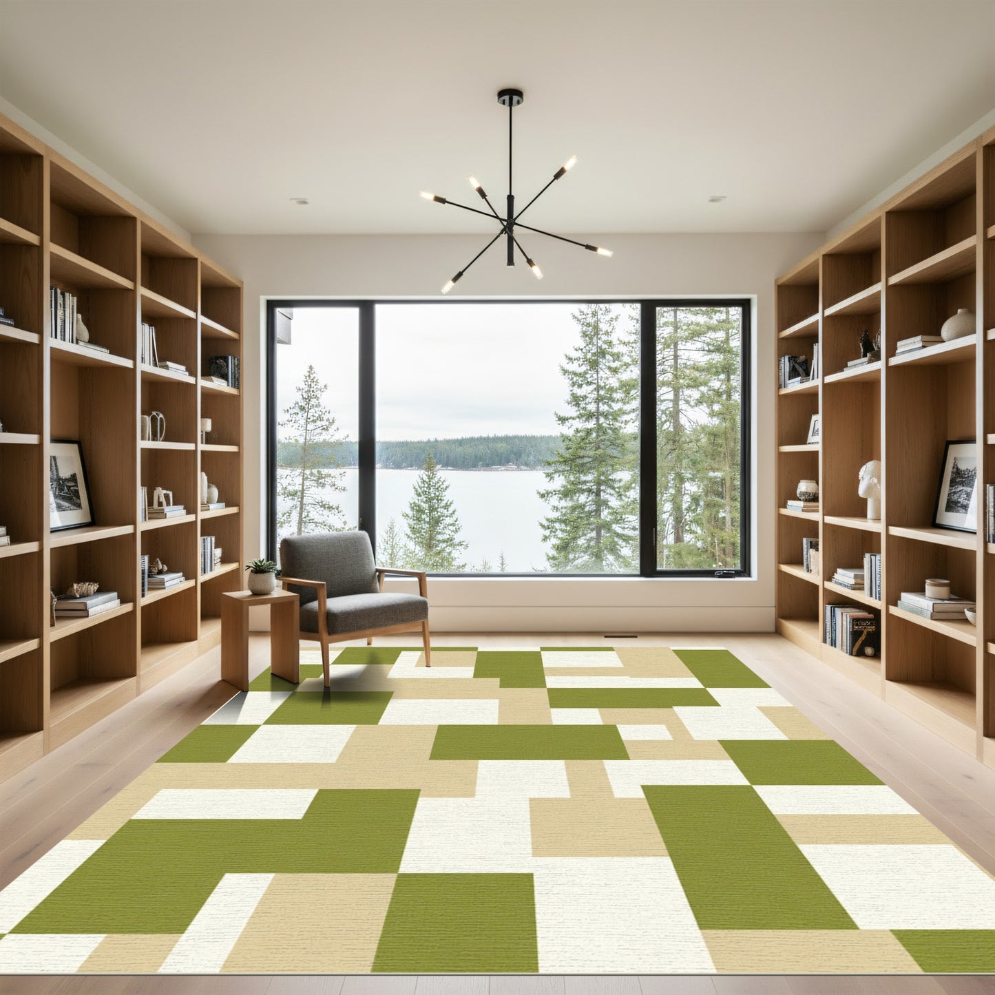 Abstract Green Tan Geometric Shapes Rug