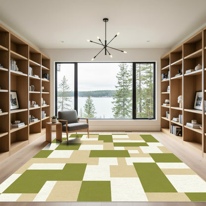 Abstract Green Tan Geometric Shapes Rug