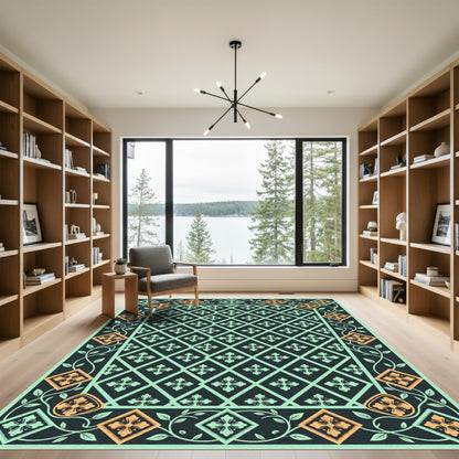 Aquamarine Black Floral Lattice Border Rug