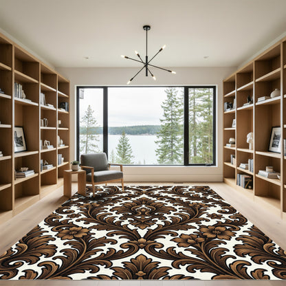 Ornate Brown Floral Scrollwork Rug