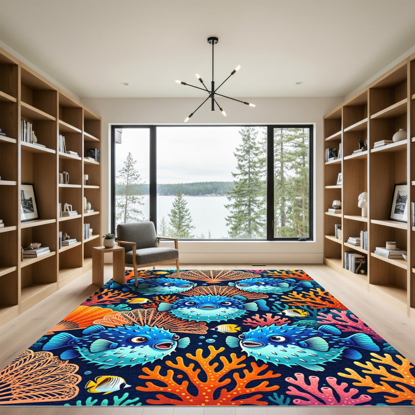 Vibrant Oceanic Pufferfish and Coral Reef Rug