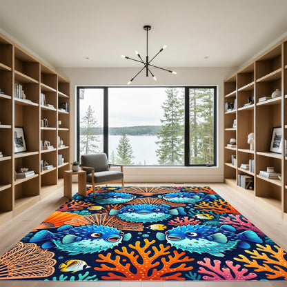 Vibrant Oceanic Pufferfish and Coral Reef Rug