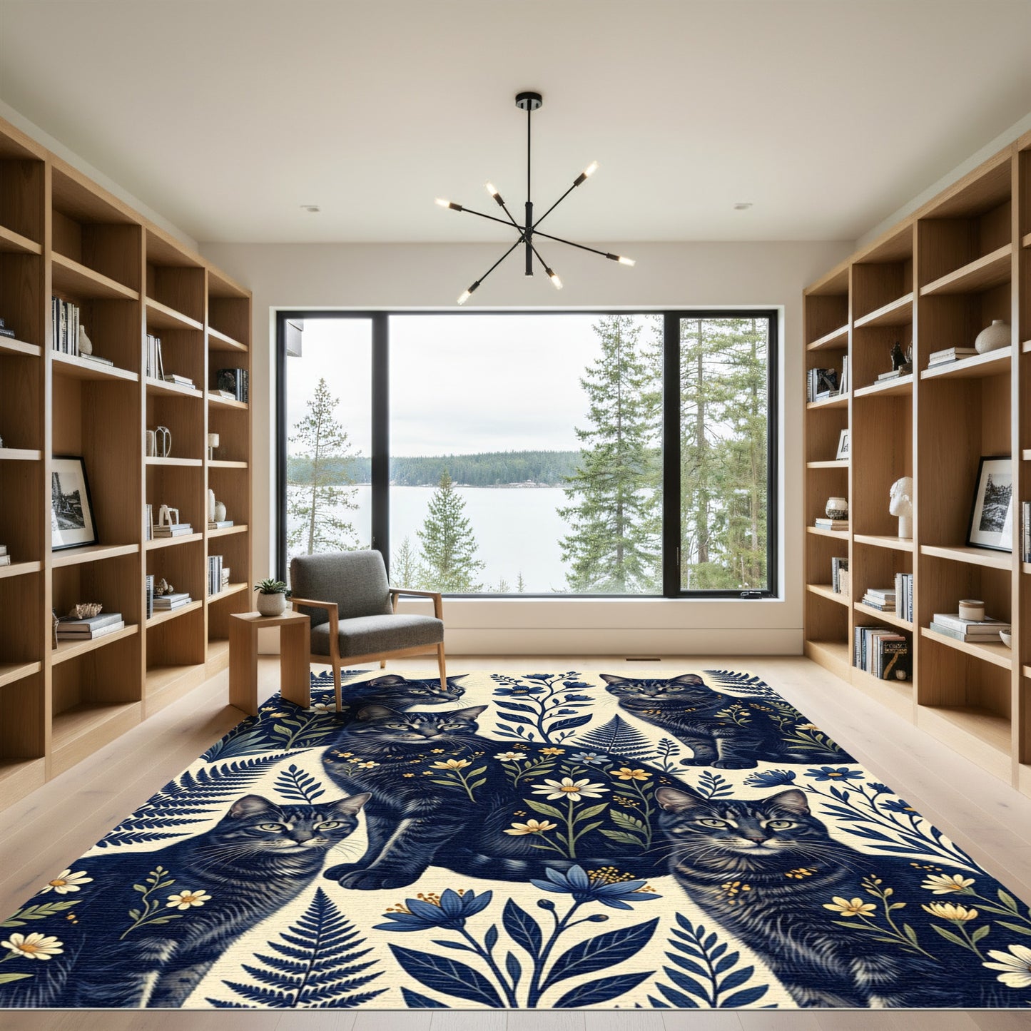 Mystical Navy Cat and Botanical Garden Rug