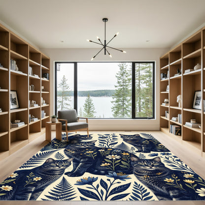 Mystical Navy Cat and Botanical Garden Rug