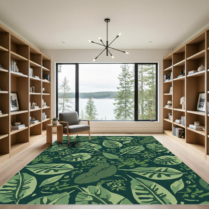 Deep Green Tropical Leaf Collage Rug