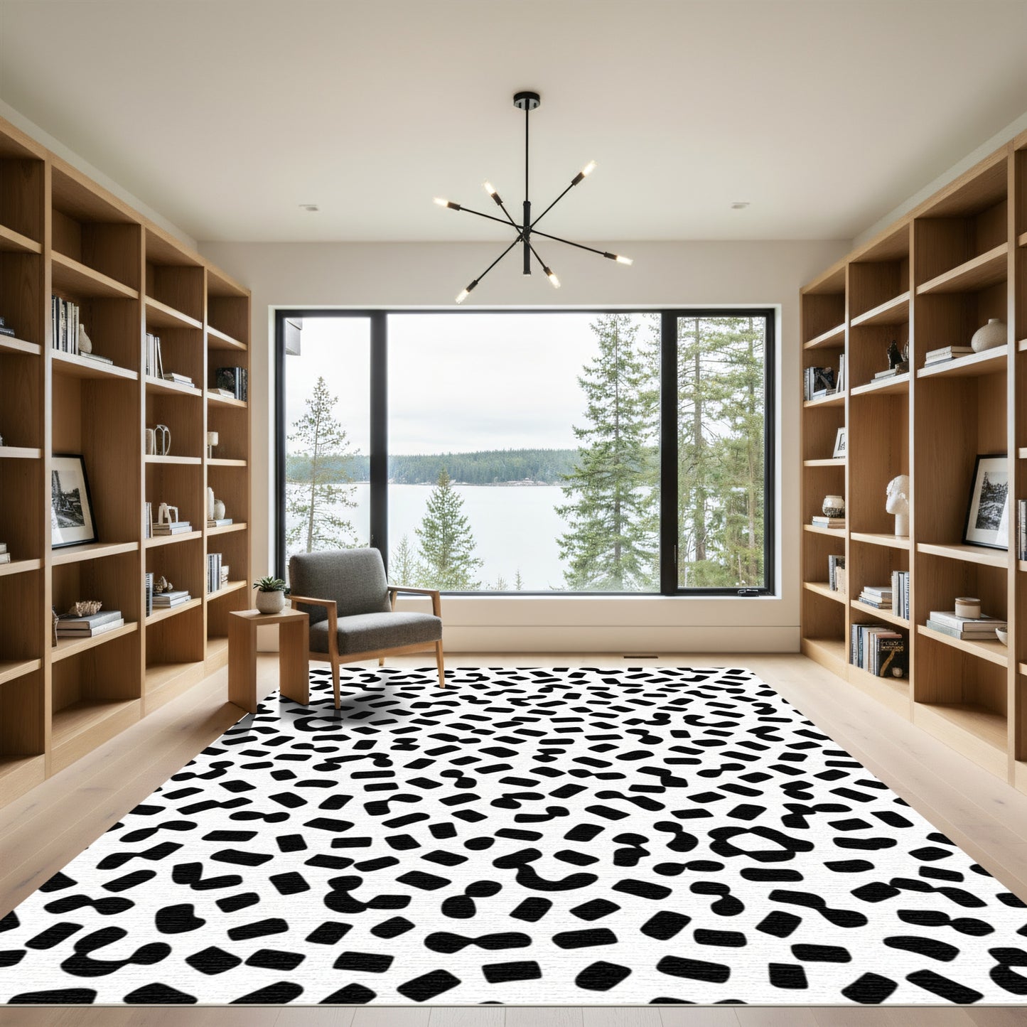 Abstract Black White Scattered Shapes Rug