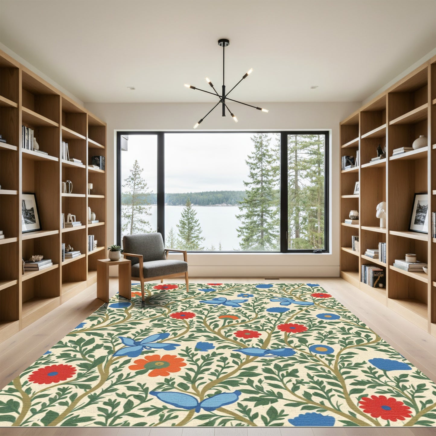 Crimson Blue Butterfly Botanical Vines Rug