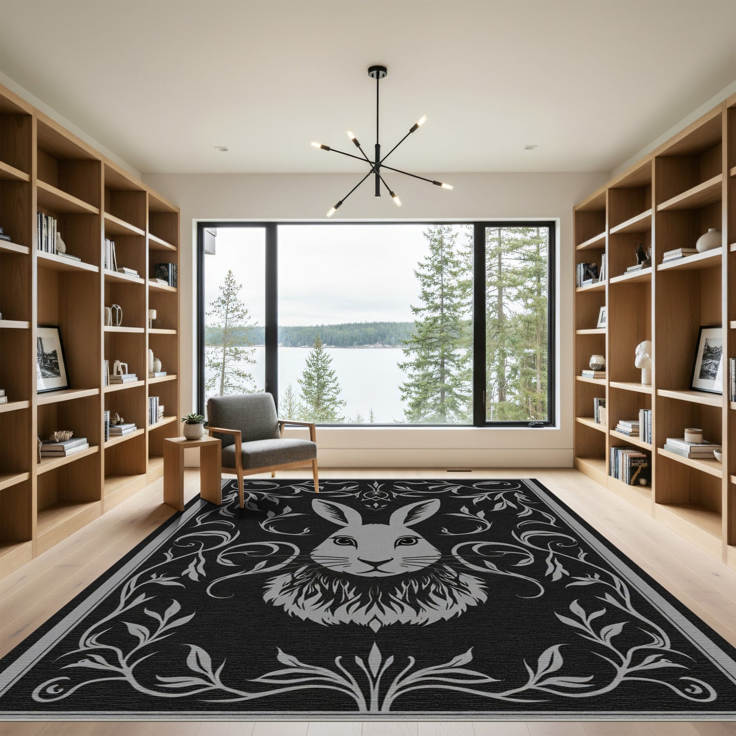 Elegant Gray Bunny Floral Frame Rug