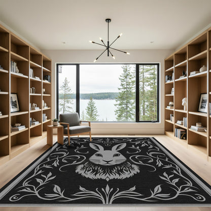 Elegant Gray Bunny Floral Frame Rug