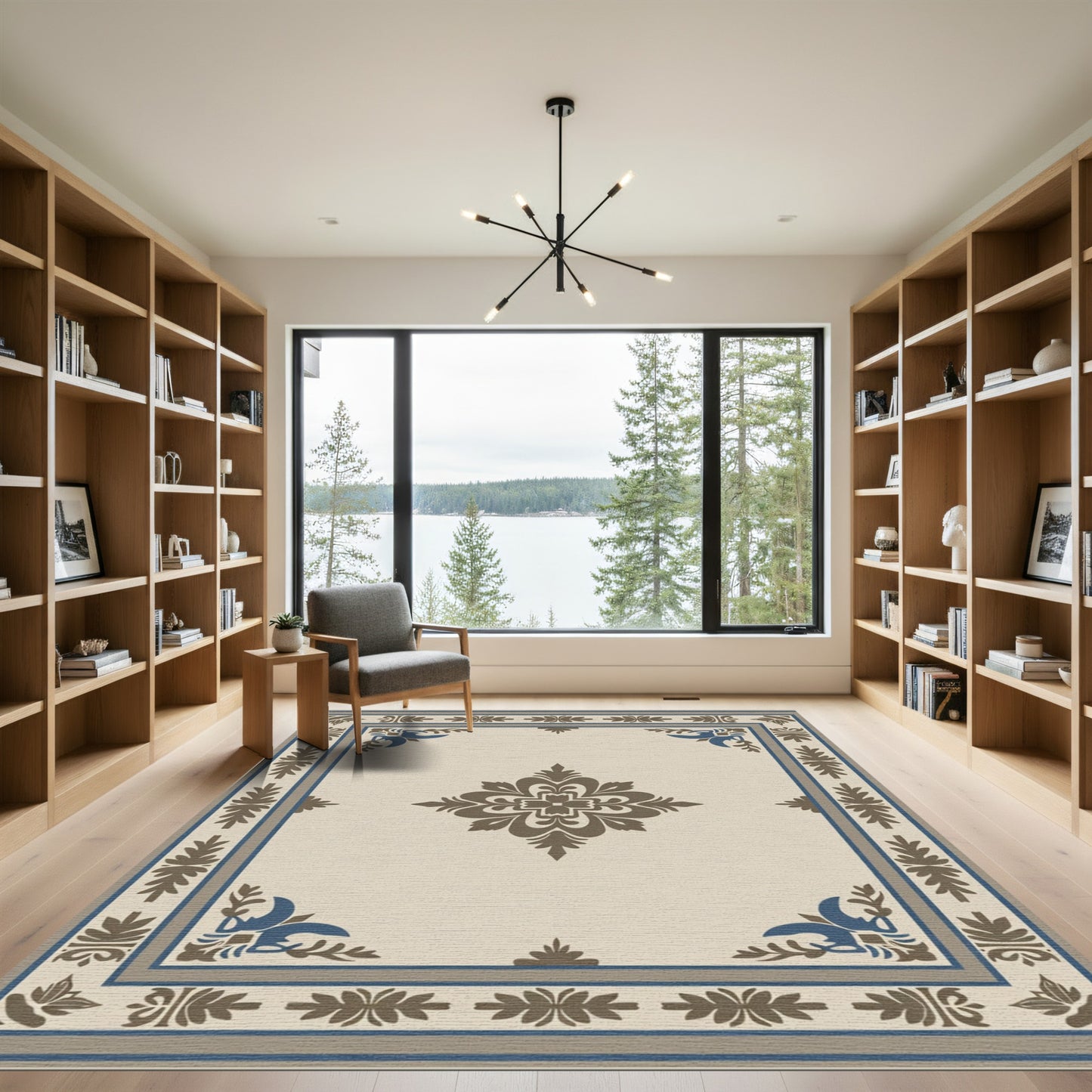 Neutral Beige Blue Brown Floral Medallion Rug