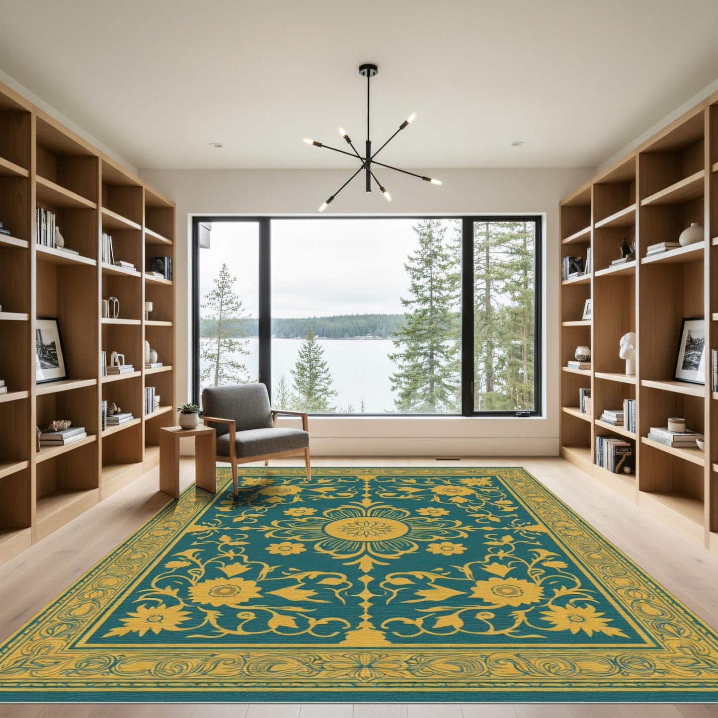 Teal Gold Floral Medallion Border Rug
