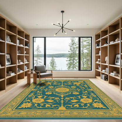 Teal Gold Floral Medallion Border Rug