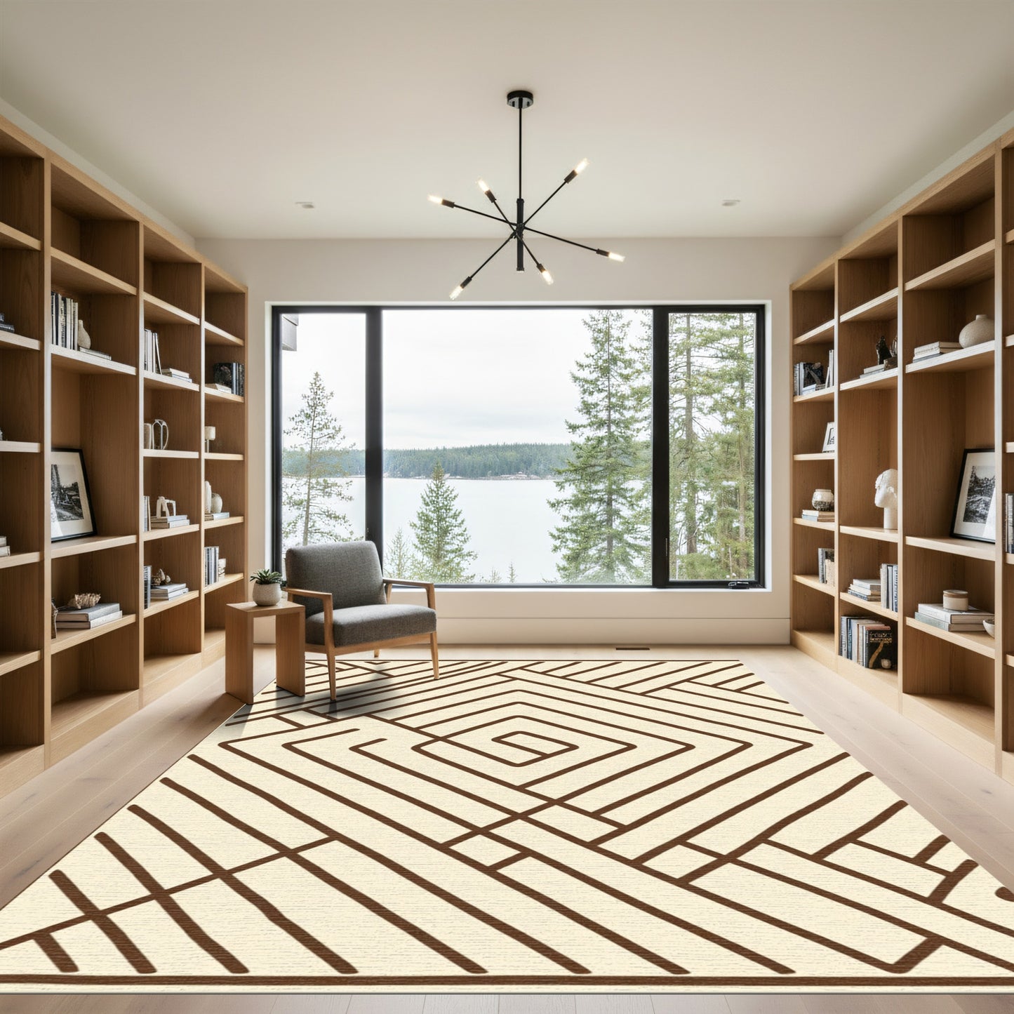 Cream and Brown Linear Maze Rhombus Rug
