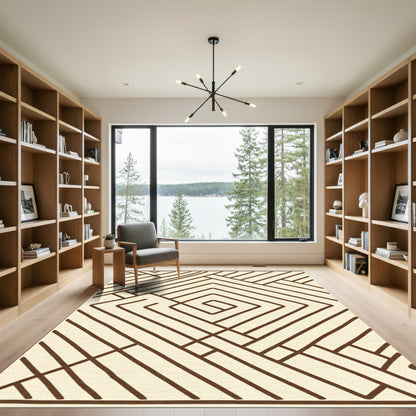 Cream and Brown Linear Maze Rhombus Rug