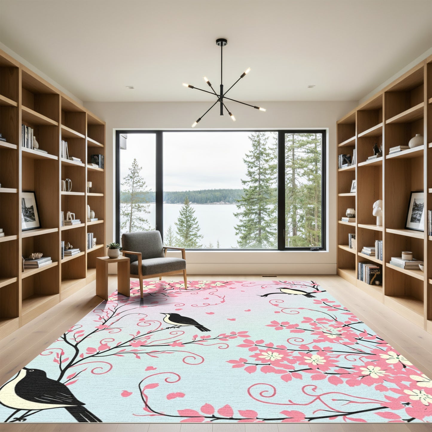 Pink Cherry Blossom Birds Swirls Rug