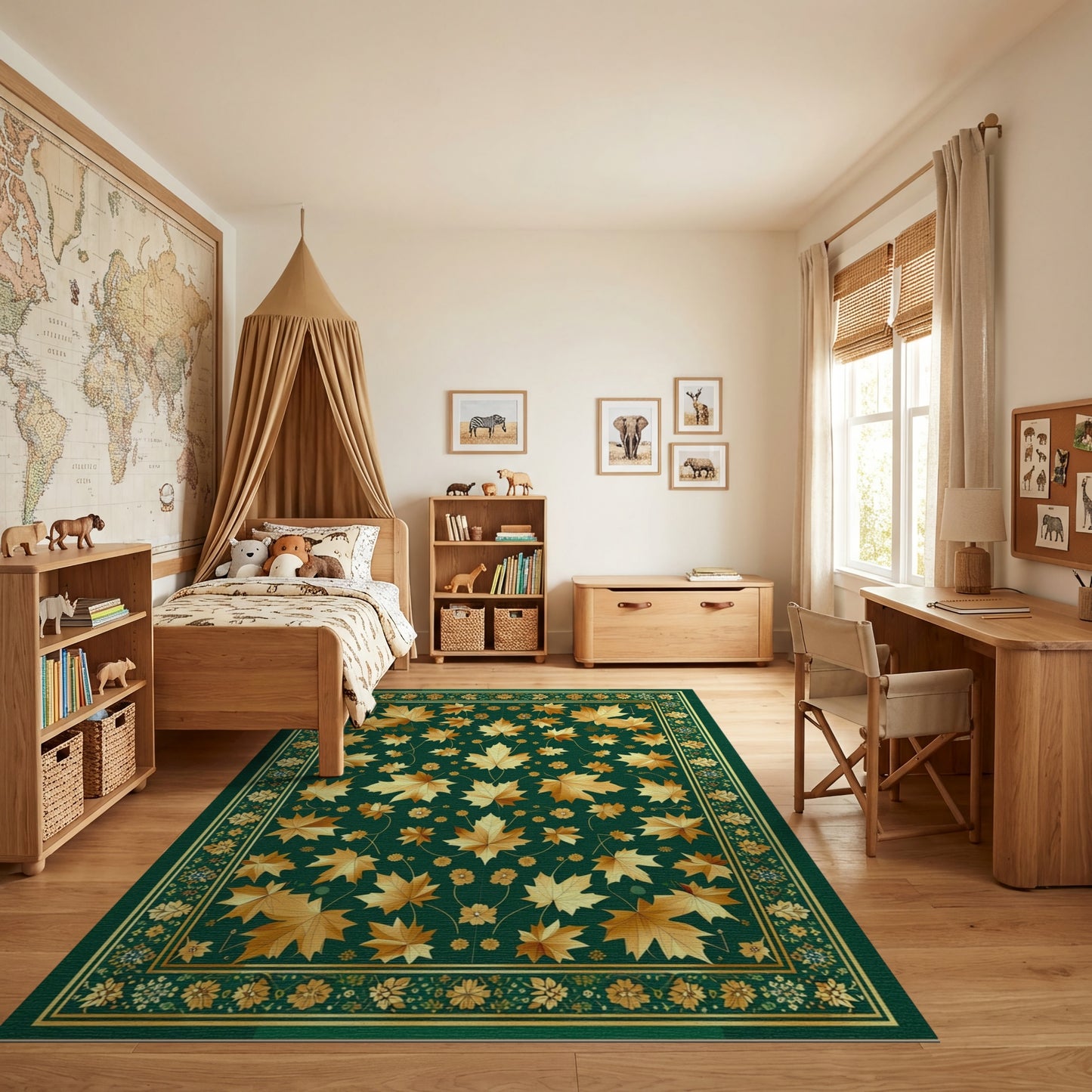 Ornate Golden Maple Leaves Green Rug